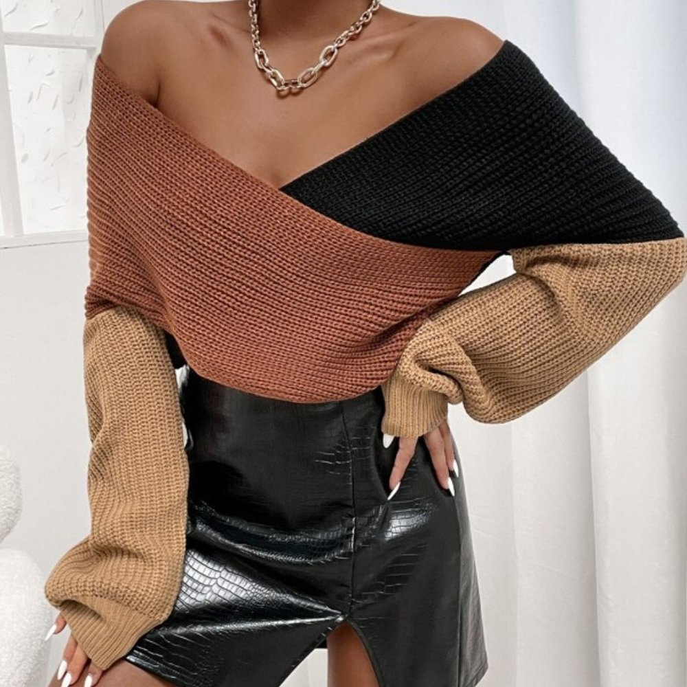 Multi Color Cut And Sew Drop Shoulder Crop Sweater - Picture 4 of 8